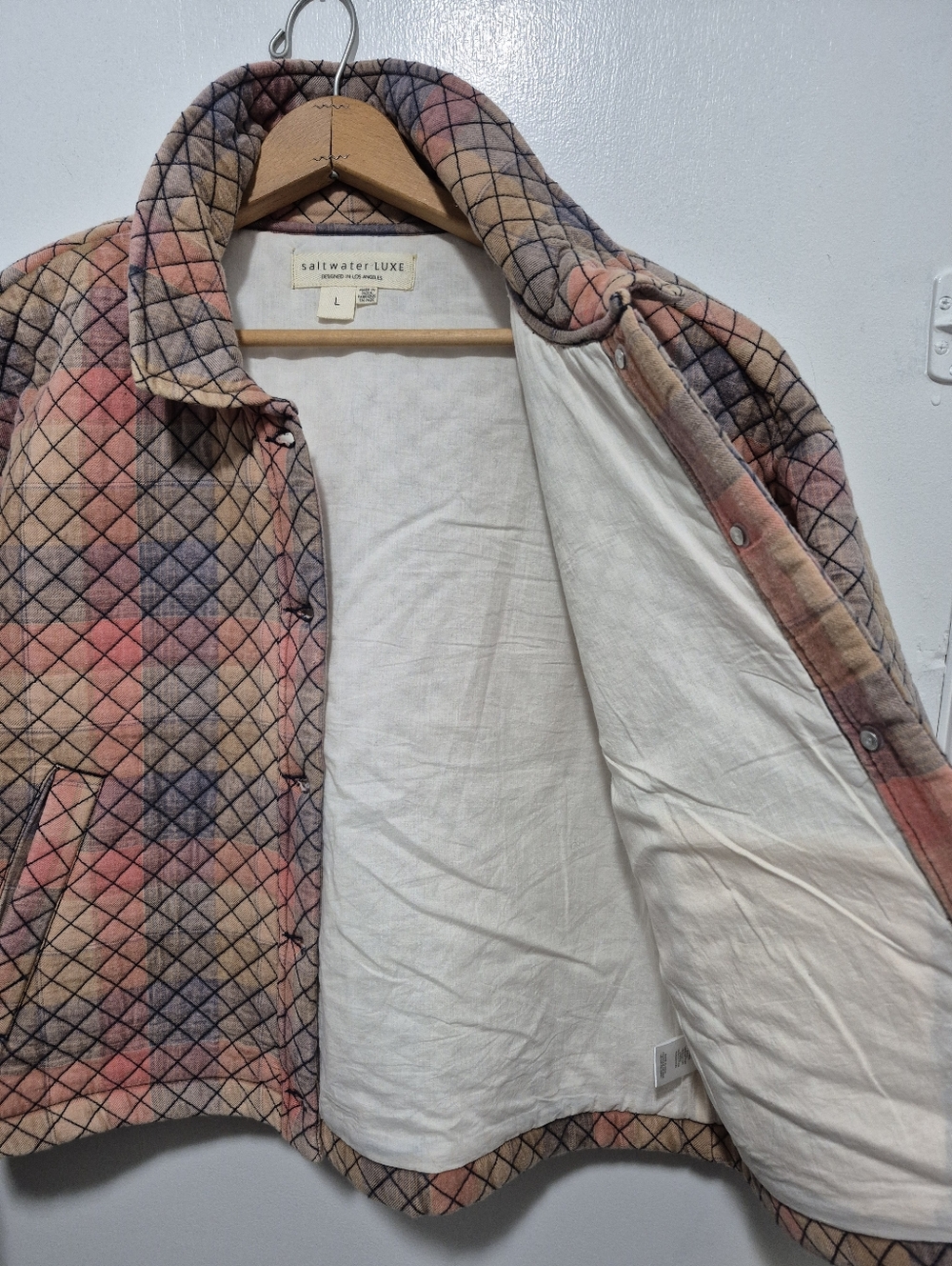 Saltwater Luxe (Anthro) Penny Quilted Jacket LARGE Multi Color Madras Plaid - Picture 3 of 5